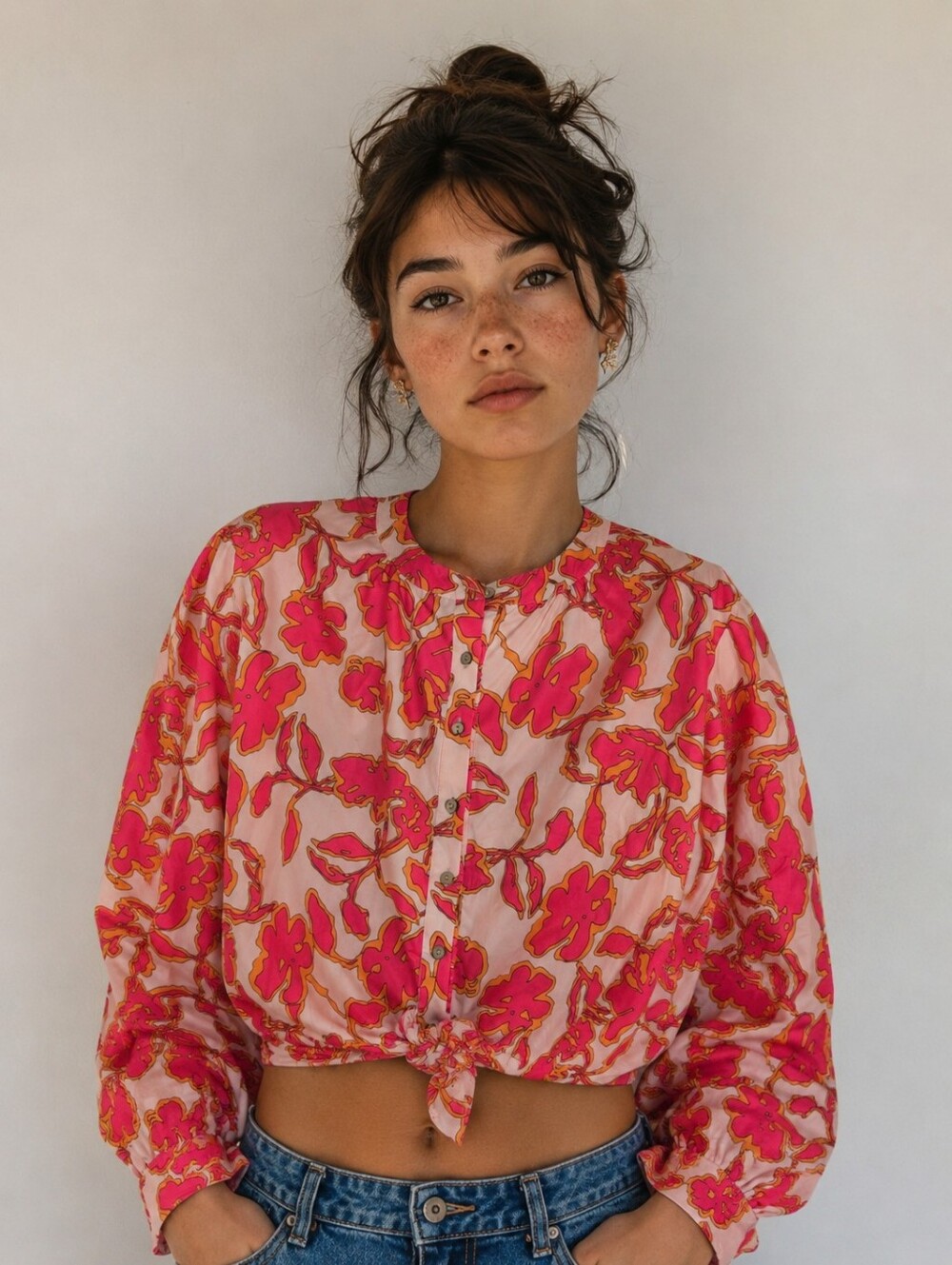 Woven Floral Tie-Front Button-Down Shirt - Pink